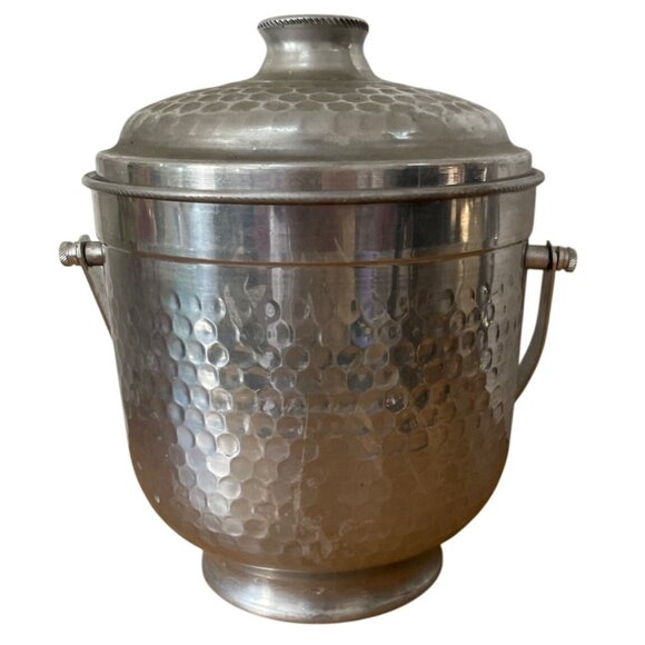 Vintage MCM Ice Bucket Nasco Italy Hammered Aluminum w Lid & Handle Retro Decor - Picture 2 of 9